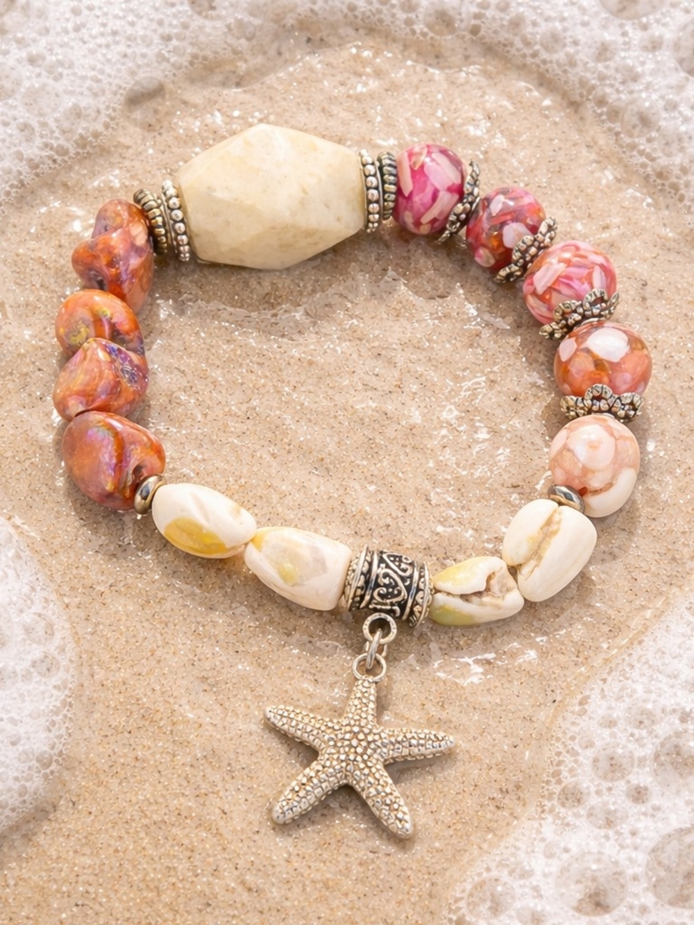 Handmade Pink & Cream Beaded Starfish Charm Bracelet
